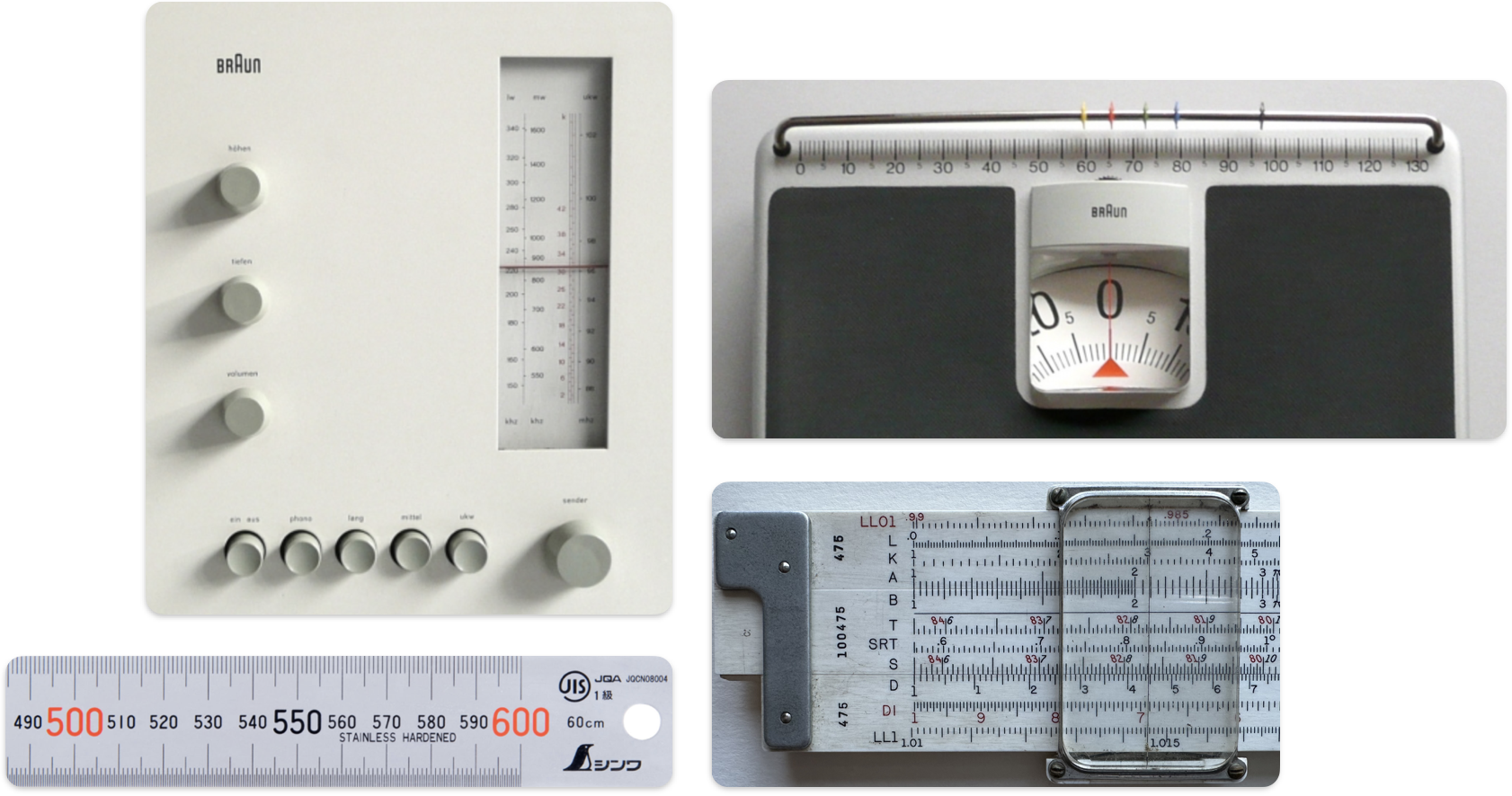 Various objects including a Braun radio and scale