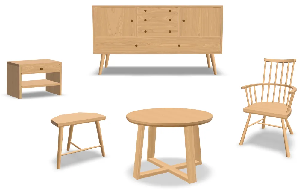 Types of furniture supported by Layout Computer: bookcases, cabinets, tables, chairs, stools, dovetails